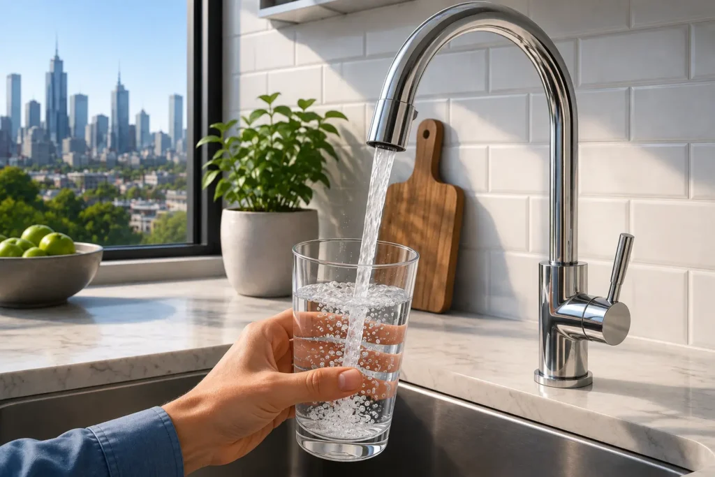 Glass of clean water being filled from a kitchen tap, representing Melbourne tap water safety