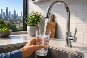 Glass of clean water being filled from a kitchen tap, representing Melbourne tap water safety